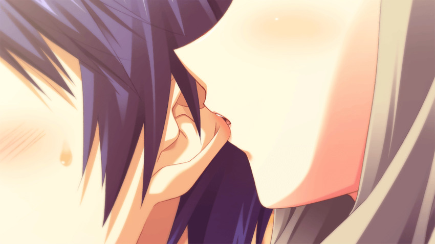 1boy 1girl biting biting_ear blue_hair blush chaos;head chaos;head_love_chu_chu! close-up faceless femdom game_cg green_hair kusunoki_yua lipgloss long_hair matsuo_yukihiro nervous_sweating nishijou_takumi official_art open_mouth outdoors pink_lips shiny_lips short_hair sunset sweat teeth tongue