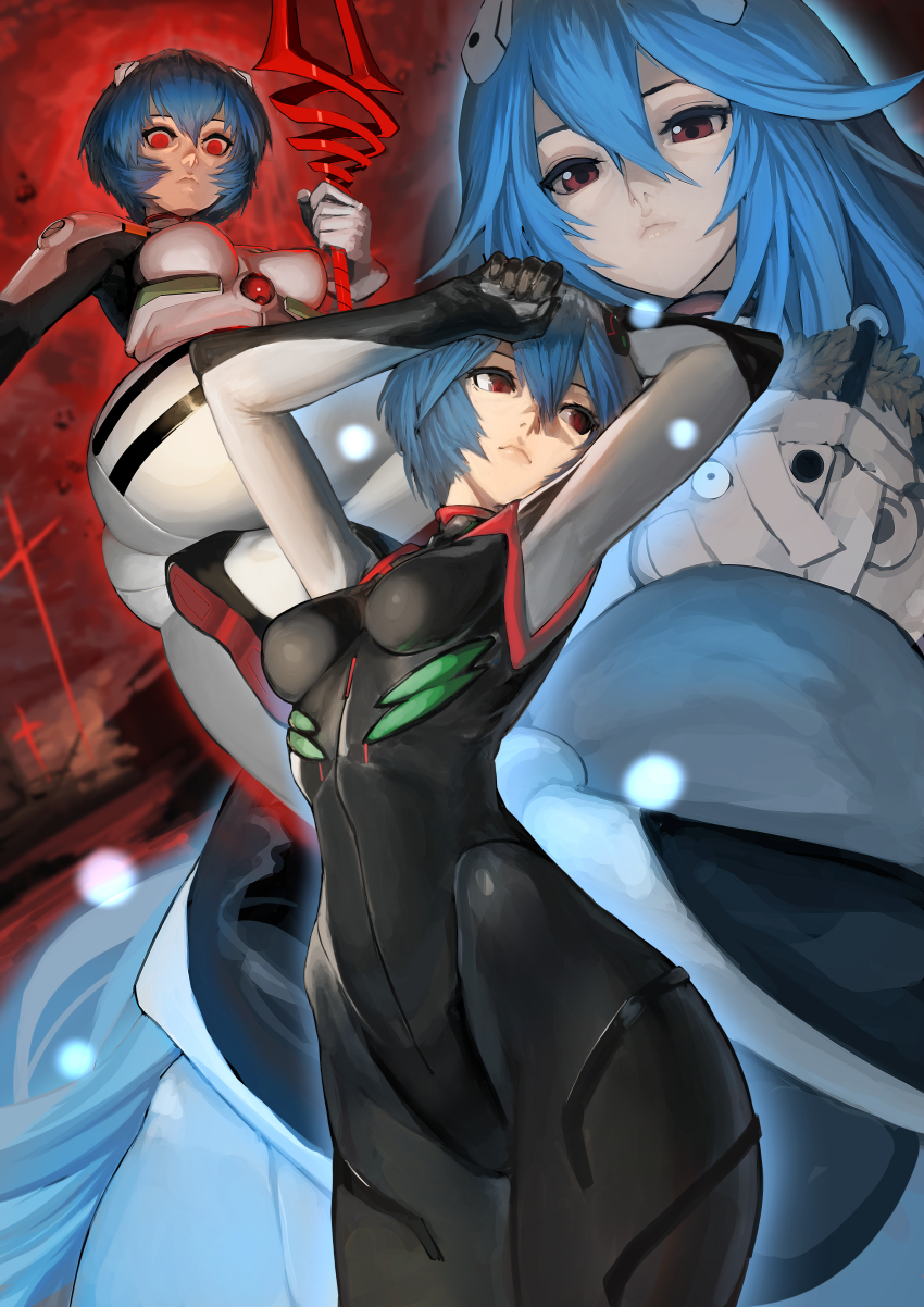 1girl absurdres alternate_costume ass ayanami_rei black_bodysuit blue_hair bodysuit breasts covered_erect_nipples curvy empty_eyes evangelion:_3.0+1.0_thrice_upon_a_time evangelion:_3.0_you_can_(not)_redo expressionless from_below hairpods highres holding holding_lance holding_polearm holding_weapon huge_ass lance lance_of_longinus_(evangelion) lips long_hair looking_at_viewer mecha_pilot_suit medium_breasts multiple_views neon_genesis_evangelion official_alternate_costume plugsuit_(evangelion) polearm rebuild_of_evangelion red_eyes shiny_clothes shiny_skin short_hair skin_tight unizama very_long_hair weapon white_bodysuit wide_hips