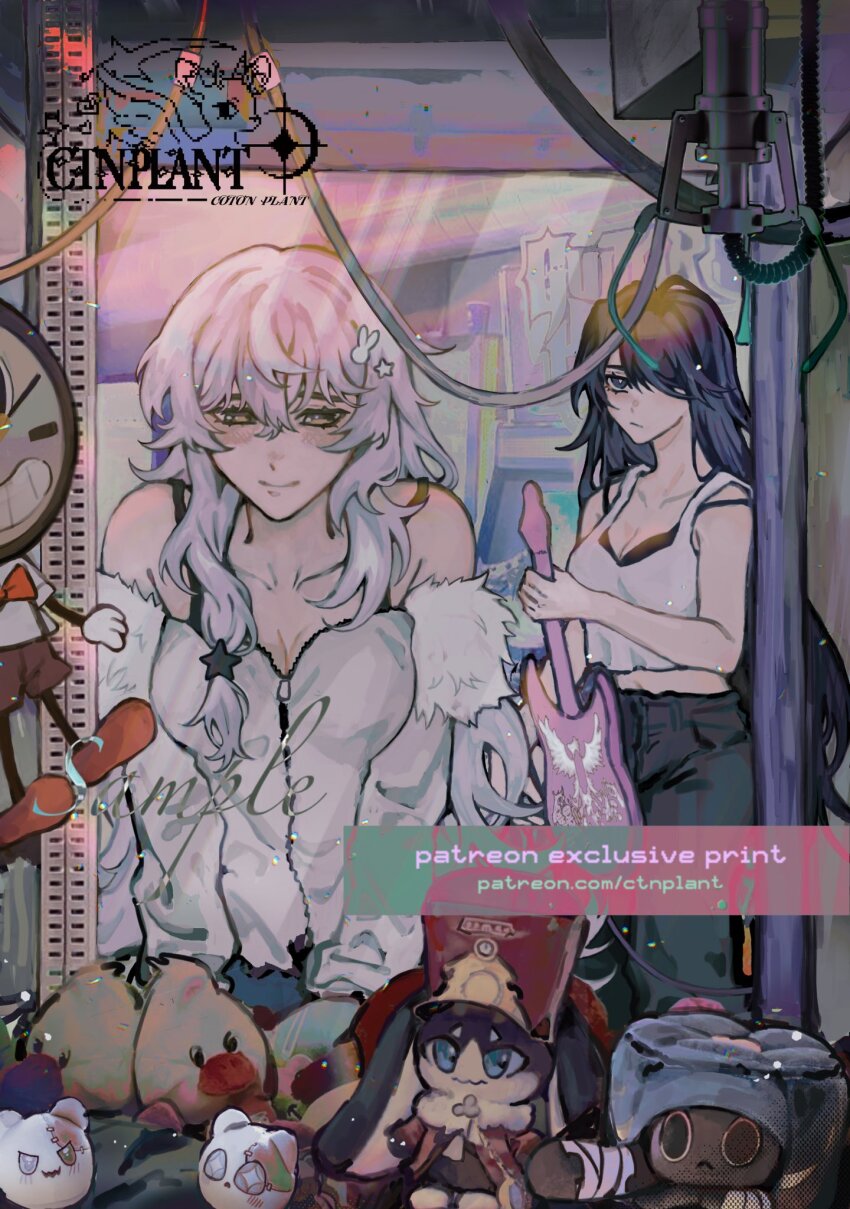 2girls acheron_(honkai:_star_rail) artist_logo artist_name black_swan_(honkai:_star_rail) breasts clockie_(honkai:_star_rail) commentary contemporary crane_game ctnplant denim detached_sleeves english_commentary guitar hair_ornament hair_over_one_eye hairpin highres holding holding_guitar holding_instrument honkai:_star_rail honkai_(series) in_crane_game instrument jeans logo long_hair multiple_girls pants pink_hair purple_eyes purple_hair sample_watermark shirt smile stuffed_toy tank_top watermark white_shirt white_tank_top yellow_eyes