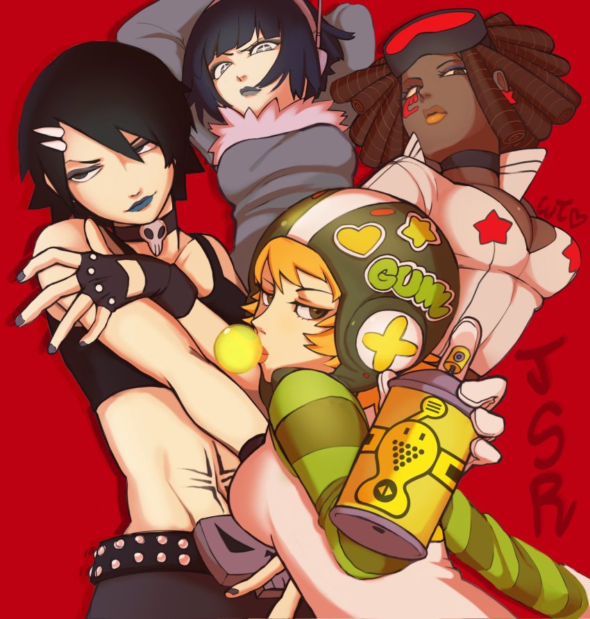 4girls arms_up bis_(jsr) black_hair blonde_hair blue_hair breasts brown_hair blowing_bubbles choker cleavage cortaunatijera cube_(jsr) dark-skinned_female dark_skin drill_hair facepaint fingerless_gloves gloves goggles goggles_on_head gum_(jsr) hair_ornament headphones helmet highres hip_bones jet_set_radio large_breasts lipstick looking_at_viewer makeup mew_(jsr) midriff multiple_girls nail_polish navel piranha_(jsr) sega shiny_skin short_hair spray_can tattoo