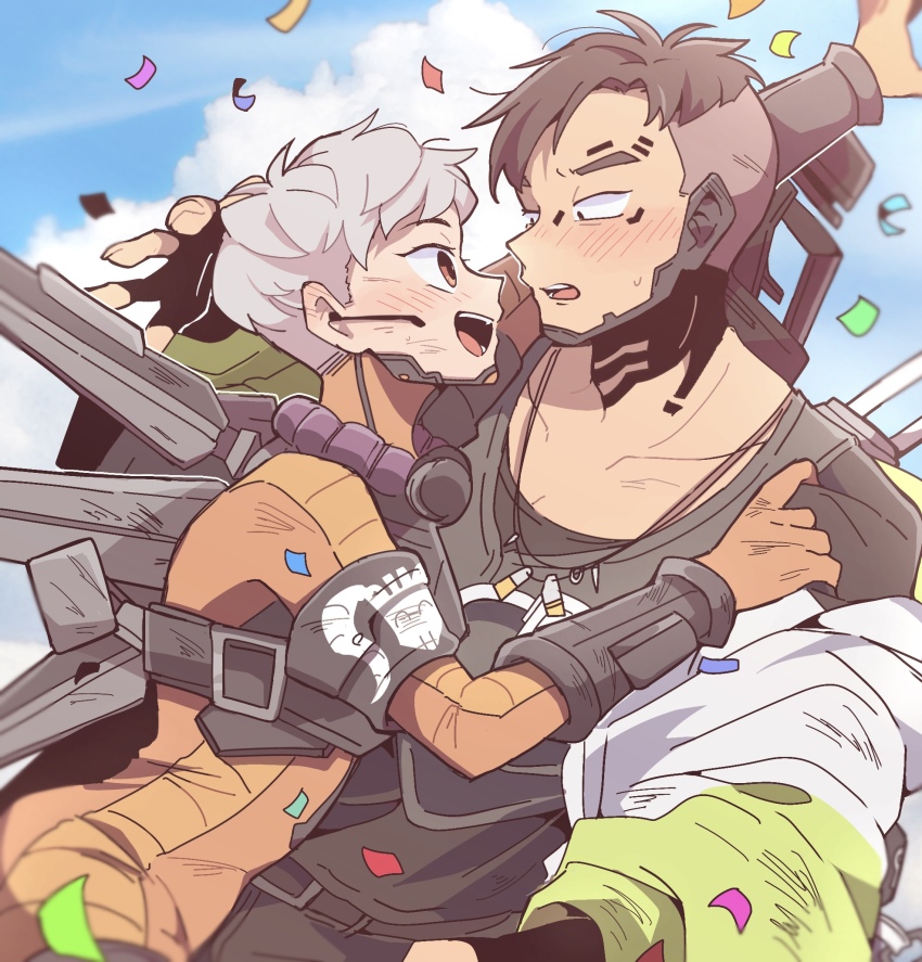 1boy 1girl animification apex_legends belt black_belt black_hair black_shirt blush bodysuit confetti crypto_(apex_legends) eye_contact grey_hair grey_vest hair_behind_ear hetero highres jacket jetpack looking_at_another nojima_minami off_shoulder open_mouth orange_bodysuit orange_eyes sanpaku shirt smile surprised valkyrie_(apex_legends) vest white_jacket