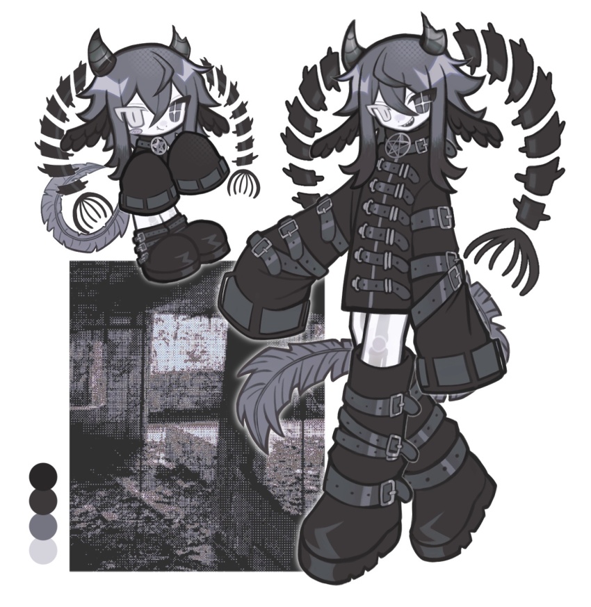 1boy adoptable androgynous animal_ears antennae belt black_boots boots broken_horn chibi chibi_inset collar color_guide goth_fashion gradient_hair grey_theme greyscale heterochromia highres horns knee_boots monochrome multicolored_hair multiple_belts original pentagram_necklace reference_sheet see-through_body sleeves_past_fingers sleeves_past_wrists tail too_many too_many_belts very_long_sleeves yappari