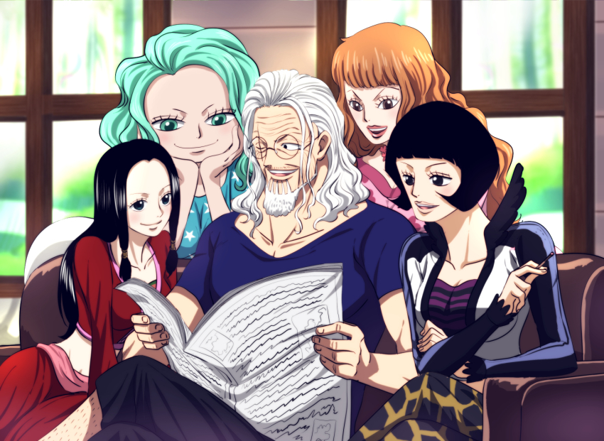 1boy 4girls aged_down animal_print aqua_eyes aqua_hair beard black_hair blue_eyes boa_hancock boa_marigold boa_sandersonia breasts chair cigarette collarbone commentary_request facial_hair glasses grey_eyes head_rest holding holding_cigarette holding_newspaper leopard_print long_hair long_sleeves medium_breasts midriff multiple_girls musasabiop newspaper one_eye_closed one_piece orange_hair purple_eyes purple_shirt red_shirt red_skirt scar scar_across_eye scar_on_face shakuyaku_(one_piece) shirt short_hair siblings silvers_rayleigh sisters sitting skirt wavy_hair white_hair window wrinkled_skin