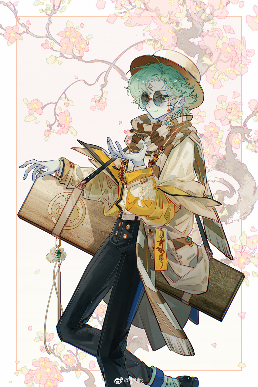 1boy aqua_eyes aqua_hair aqua_socks bag bead_necklace beads black_pants black_shoes border brown_scarf chinese_commentary cloud_print colored_skin curtained_hair eyewear_strap falling_petals feet_out_of_frame flower fringe_trim grey_jacket grey_skin hand_up hat highres jacket jewelry necklace off_shoulder official_alternate_costume open_clothes open_jacket outside_border pants parted_bangs petals pink_background pink_flower porkpie_hat procreate_(medium) round_eyewear scarf shirt shoes short_hair shoulder_bag shuling sideways_glance smile socks solo standing striped_clothes striped_scarf stuffed_duck_(the_tale_of_food) sunglasses suspenders talisman tassel the_tale_of_food tinted_eyewear tree watermark weibo_watermark white_border white_hat white_shirt xiangyun yellow_sleeves