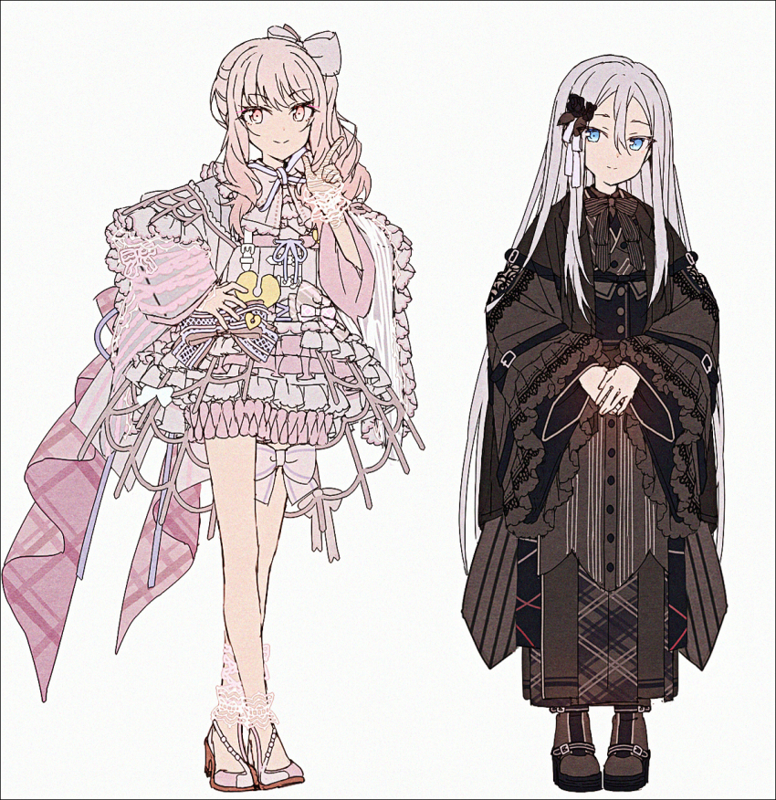 1girl 1other adapted_costume akiyama_mizuki black_dress blue_eyes bow brown_shoes closed_mouth crossed_legs dress frilled_dress frills grey_background grey_bow grey_dress grey_hair hair_between_eyes hair_bow hakusai_(tiahszld) hand_up high_heels highres index_finger_raised itsuka_zetsubou_no_soko_kara_(project_sekai) long_hair long_sleeves own_hands_together pink_hair project_sekai red_eyes revision secret_distance_(project_sekai) shoes side_ponytail sidelocks simple_background smile standing very_long_hair wide_sleeves yoisaki_kanade