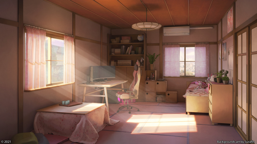 3d bed bed_sheet bedroom bookshelf box cabinet cardboard_box ceiling ceiling_light drawer figure globe highres indoors interior no_humans original scenery surafin window wooden_ceiling