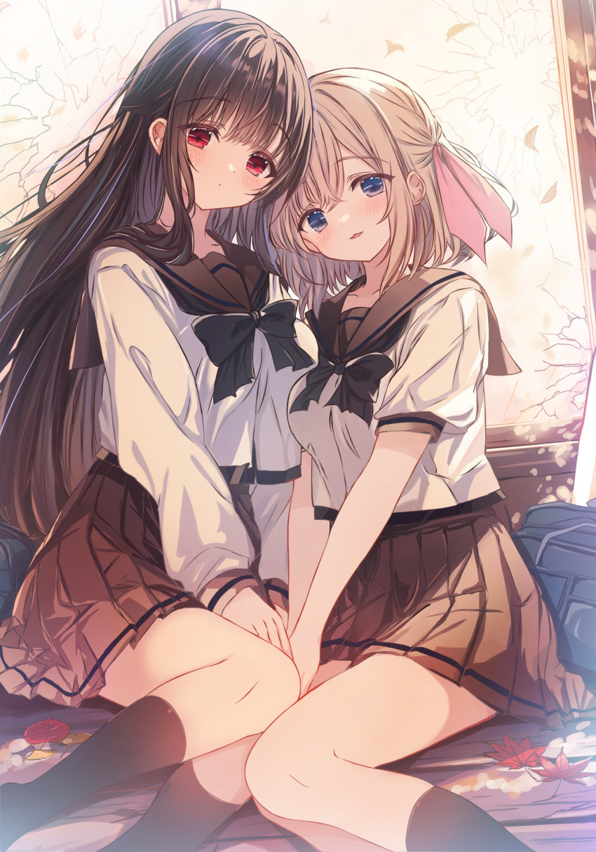 2girls autumn autumn_leaves black_bow black_bowtie black_socks blue_eyes bow bowtie brown_hair brown_sailor_collar brown_skirt closed_mouth cutlass_(classic_chocolate) hair_bow highres kneehighs leaf long_hair looking_at_viewer maple_leaf miniskirt multiple_girls original outdoors parted_lips pink_bow pleated_skirt red_eyes sailor_collar sailor_shirt shirt short_sleeves sitting skirt socks very_long_hair white_shirt