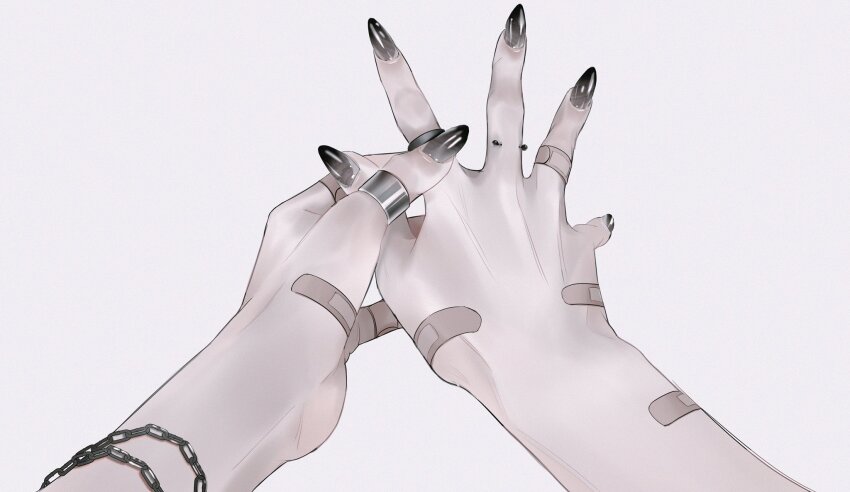 1other bandaid bandaid_on_hand bandaid_on_wrist black_nails chain finger_piercing fingernails grey_background hand_focus highres jewelry long_fingernails mano_aaa nail_polish original ring simple_background solo thumb_ring