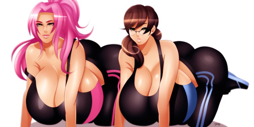 2girls absurdres all_fours ass breasts brown_hair cleavage gigantic_breasts glasses highres huge_ass jassycoco kneeling lips multiple_girls pink_hair ponytail spandex sports_bra strap_slip yellow_eyes yoga