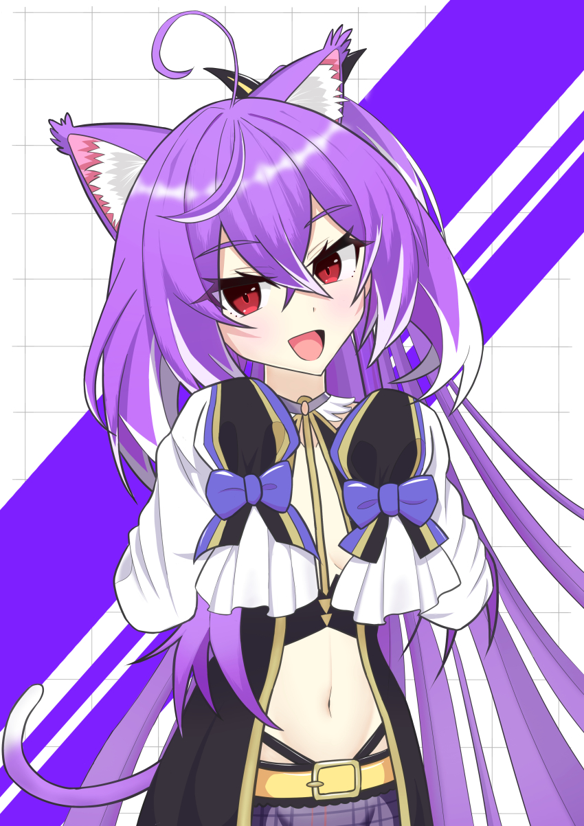 1girl absurdres ahoge animal_ear_fluff animal_ears aura_yagg belt black_dress black_sleeves blush bow breasts cat_ears cat_girl cat_tail commentary_request cowlick crossed_bangs detached_sleeves dress grid hair_between_eyes high_ponytail highres hiyoku_no_crosspiece kemonomimi_mode long_bangs long_hair looking_at_viewer multicolored_hair multicolored_sleeves nanashi_inc. navel open_clothes open_dress open_mouth paw_pose plaid_clothes plaid_skirt ponytail purple_bow purple_hair purple_skirt purple_sleeves red_eyes shisui_kiki shisui_kiki_(1st_costume) sidelocks skirt sleeve_bow sleeveless sleeveless_dress sleeves_past_fingers sleeves_past_wrists small_breasts smile solo streaked_hair tail two-tone_hair upper_body very_long_hair virtual_youtuber white_sleeves yellow_belt