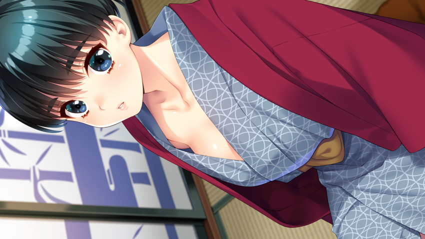 1girl black_hair blue_eyes bob_cut collarbone doukyuusei_(series) doukyuusei_2 dutch_angle game_cg grey_kimono haori highres indoors japanese_clothes kimono looking_at_viewer official_art parted_lips print_kimono shinohara_izumi short_hair sitting solo sumeragi_kohaku tatami