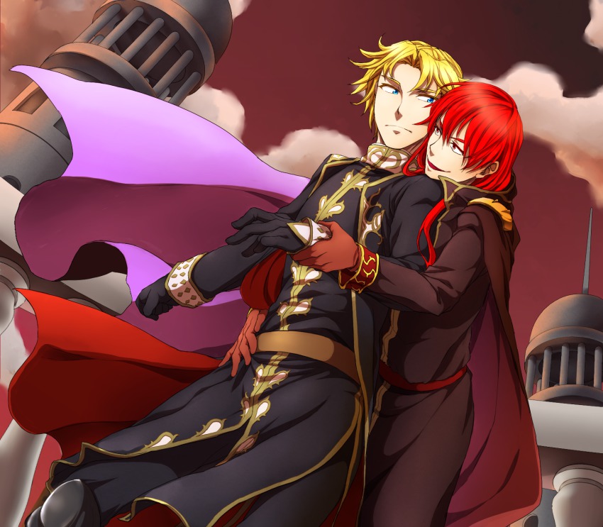 2boys blonde_hair blue_eyes camus_(fire_emblem) cape fire_emblem fire_emblem:_new_mystery_of_the_emblem gloves highres long_hair male_focus misheil_(fire_emblem) mtbluesea multiple_boys nintendo open_mouth red_eyes red_hair yaoi