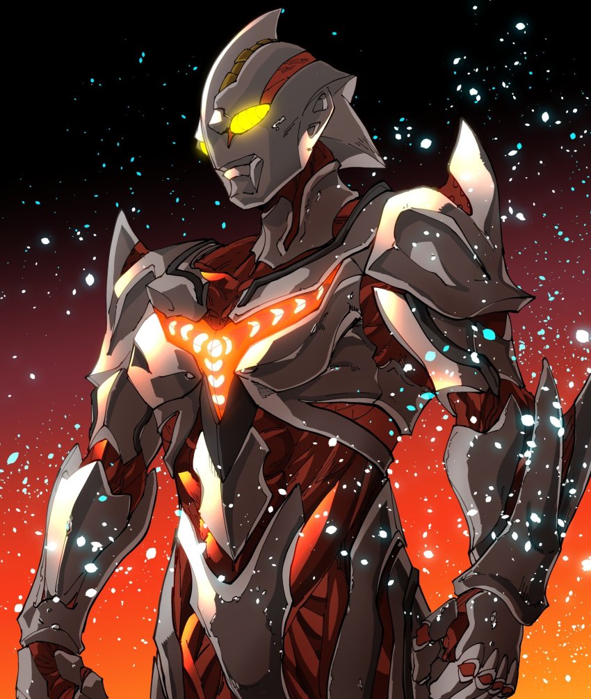 1boy alien amakawa_mayu armor clenched_hands commentary cowboy_shot dorsal_fin english_commentary giant glowing glowing_eyes highres orb science_fiction space sunset tsuburaya_productions ultra_series ultraman:_the_next ultraman_nexus_(series) ultraman_the_next ultraman_the_next_(movie) yellow_eyes
