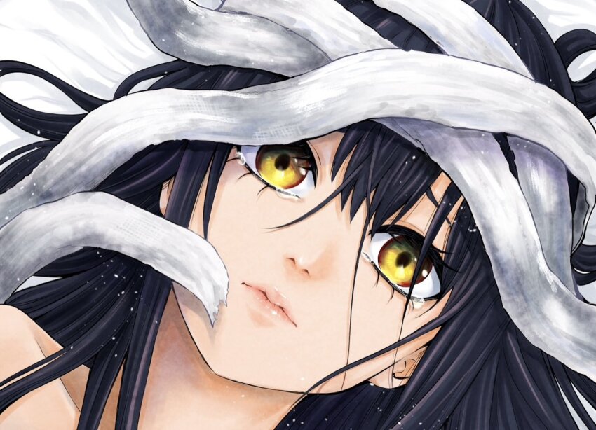 1girl black_hair close-up closed_mouth collarbone hair_between_eyes izumi_(toubun_kata) lips long_hair looking_at_viewer lying mieruko-chan official_art on_back portrait simple_background solo tears yellow_eyes yotsuya_miko