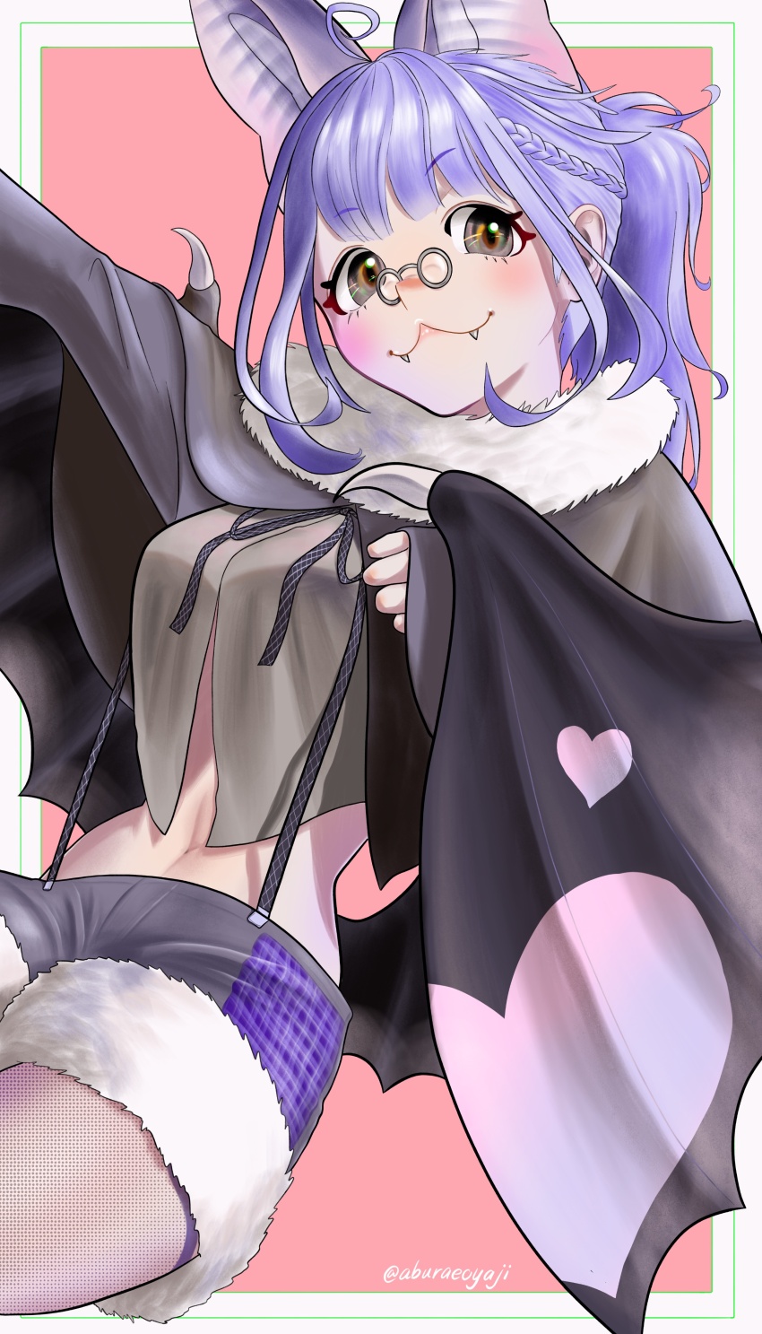 1girl absurdres aburaeoyaji animal_ears bat_ears bat_wings blue_hair brown_long-eared_bat_(kemono_friends) cape extra_ears glasses grey_hair highres kemono_friends kemono_friends_v_project long_hair looking_at_viewer navel pantyhose pink_background poporu_(kemono_friends) shirt shorts simple_background solo suspenders virtual_youtuber wings