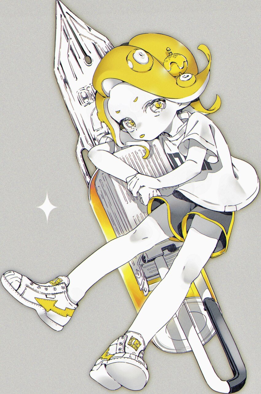 1girl :p black_shorts blonde_hair clenched_hands colored_skin colored_tongue dolphin_shorts flingza_roller_(splatoon) full_body grey_background halftone highres holding holding_weapon irokiiro limited_palette medium_hair nintendo octoling octoling_girl octoling_player_character parted_bangs shirt shoes short_sleeves shorts sneakers solo splatoon_(series) splatoon_2 t-shirt takoyaki_hair_ornament tentacle_hair tongue tongue_out v-shaped_eyebrows weapon white_shirt white_shoes white_skin yellow_eyes yellow_tongue