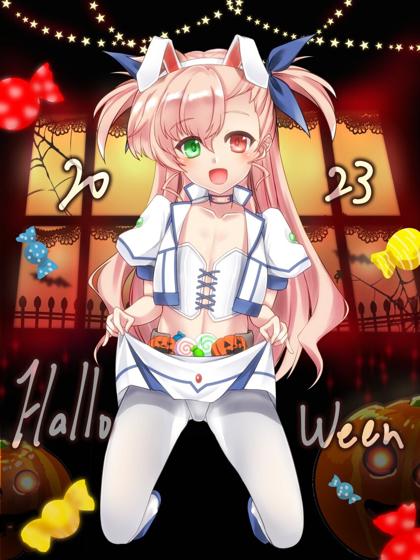 1girl 2023 absurdres animal_ears artist_collaboration bat_(animal) blonde_hair blue_choker blue_ribbon blue_shoes candy choker clothes_lift cropped_jacket english_text fake_animal_ears flat_chest food full_body green_eyes hair_ribbon hakkai halloween halloween_costume heterochromia highres indoors jack-o&#039;-lantern jack-o&#039;-lantern_ornament jacket kneeling lace-up lifting_own_clothes long_hair miniskirt open_mouth original panties panties_under_pantyhose pantyhose puffy_short_sleeves puffy_sleeves rabbit_ears red_eyes ribbon san-pon shirt shoes short_sleeves silk skirt skirt_basket skirt_lift smile solo spider_web star_(symbol) strapless strapless_shirt two_side_up underwear vivio white_jacket white_pantyhose white_shirt white_skirt window