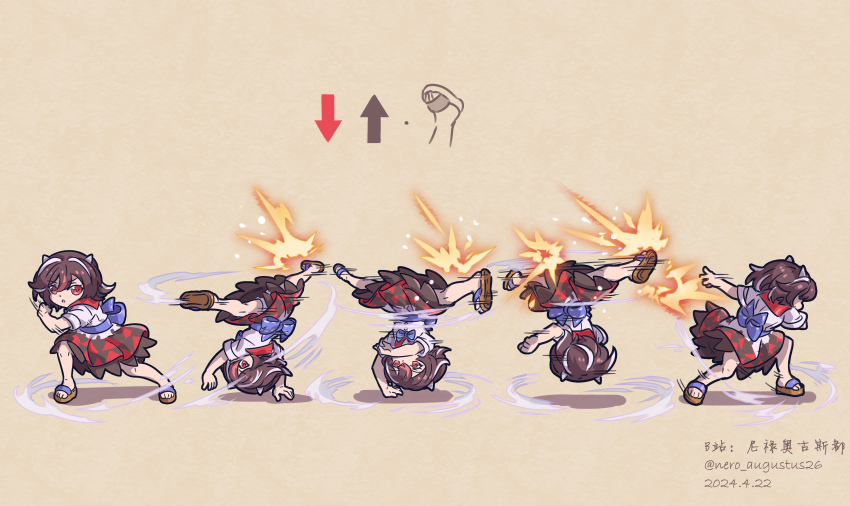 1girl absurdres artist_name back_bow black_hair blue_bow bow capcom chun-li command_input cone_horns dated fighting_game grey_horns highres horns kicking kijin_seija motion_lines multicolored_hair multiple_views nero_augustus red_eyes red_sailor_collar sailor_collar sandals shirt short_hair simple_background skirt small_horns spinning spinning_bird_kick streaked_hair street_fighter street_fighter_6 touhou white_hair white_shirt
