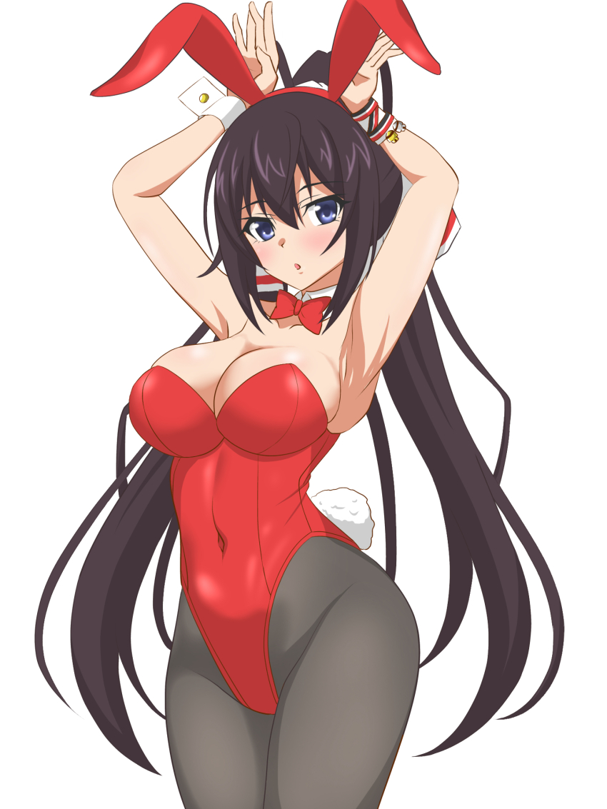 1girl animal_ears armpits black_hair black_pantyhose blue_eyes bow bowtie breasts cleavage covered_navel cowboy_shot curvy detached_collar hata_(pixiv10403940) high_ponytail highres infinite_stratos large_breasts leotard long_hair pantyhose playboy_bunny ponytail rabbit_ears rabbit_pose rabbit_tail red_bow red_bowtie red_leotard shinonono_houki simple_background solo split_ponytail strapless strapless_leotard tail white_background wrist_cuffs