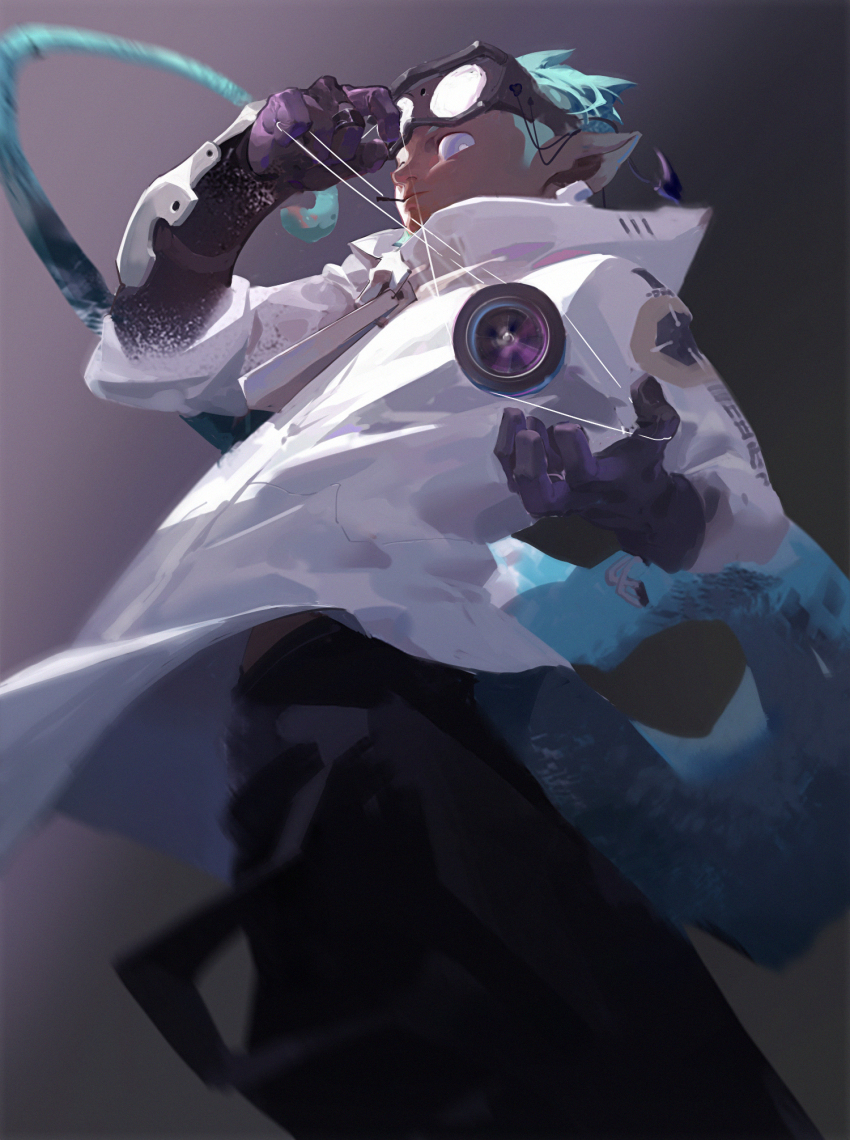 1boy arknights black_pants blue_hair chameleon_boy chameleon_tail commentary ear_piercing ethan_(arknights) from_below goggles goggles_on_head highres jacket looking_at_viewer male_focus oversized_zipper pants piercing pointy_ears symbol-only_commentary tail toreach_(crgs7455) white_jacket yo-yo zipper