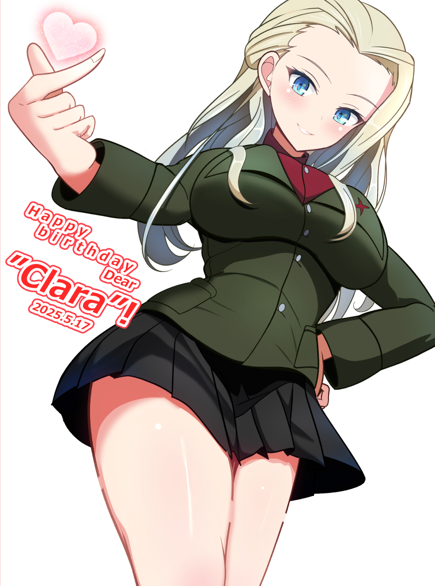 1girl absurdres blonde_hair blue_eyes blush breasts character_name clara_(girls_und_panzer) dated from_below girls_und_panzer happy_birthday heart highres kumaisao large_breasts long_hair looking_at_viewer military_uniform pravda_military_uniform simple_background smile solo white_background