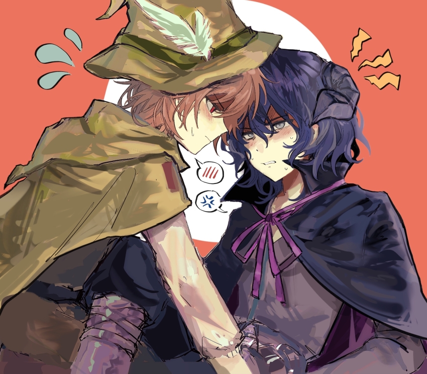2boys alternate_costume black_cape black_horns black_pants blue_hair blush boots brown_hair cape chinese_commentary closed_mouth commentary_request flying_sweatdrops green_hat grey_eyes grey_shirt hair_between_eyes harada_minoru hat hat_feather highres horns long_sleeves male_focus mo_wen multiple_boys pants purple_boots purple_ribbon ribbon saibou_shinkyoku shirt short_hair sweat utsugi_noriyuki white_shirt yaoi