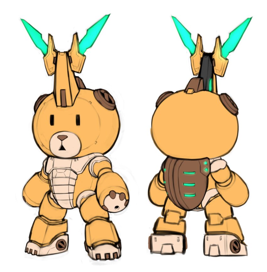 absurdres bear beargguy_iii beetle bug commentary english_commentary full_body gundam gundam_build_divers gundam_build_divers_re:rise gundam_build_fighters highres hololive horns insect mecha mecha_focus mobile_suit no_humans pinguinkotak redesign robot science_fiction single_horn standing white_background