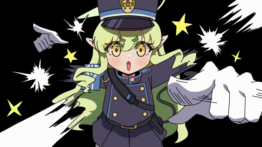 1girl :3 :o afterimage animated animated_gif armband black_jacket black_skirt black_tail blue_archive blue_armband buttons cowboy_shot demon_tail double-breasted foreshortening gloves green_hair green_halo halo hat highres hikari_(blue_archive) jacket long_hair looking_at_viewer looping_animation peaked_cap pleated_skirt pointing pointing_at_viewer pointy_ears short_eyebrows skirt solo standing straight-on tail thick_eyebrows train_conductor v-shaped_eyebrows white_gloves yellow_eyes zeroku77