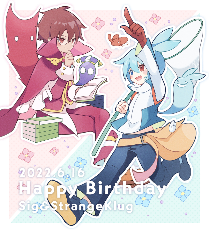 2boys black_footwear black_pants blue_eyes blue_hair blue_socks book book_stack brown_bag brown_eyes butterfly_net cape character_name crossed_legs dated glasses hand_net happy_birthday heterochromia high_collar highres holding holding_book holding_butterfly_net jacket kashima_miyako klug_(puyopuyo) long_sleeves male_focus midriff_peek multiple_boys open_book open_mouth pants pointing pointing_up puyopuyo puyopuyo_fever puyopuyo_fever_2 reading red_cape red_eyes red_pants rhinoceros_beetle sig_(puyopuyo) smile socks strange_klug white_jacket