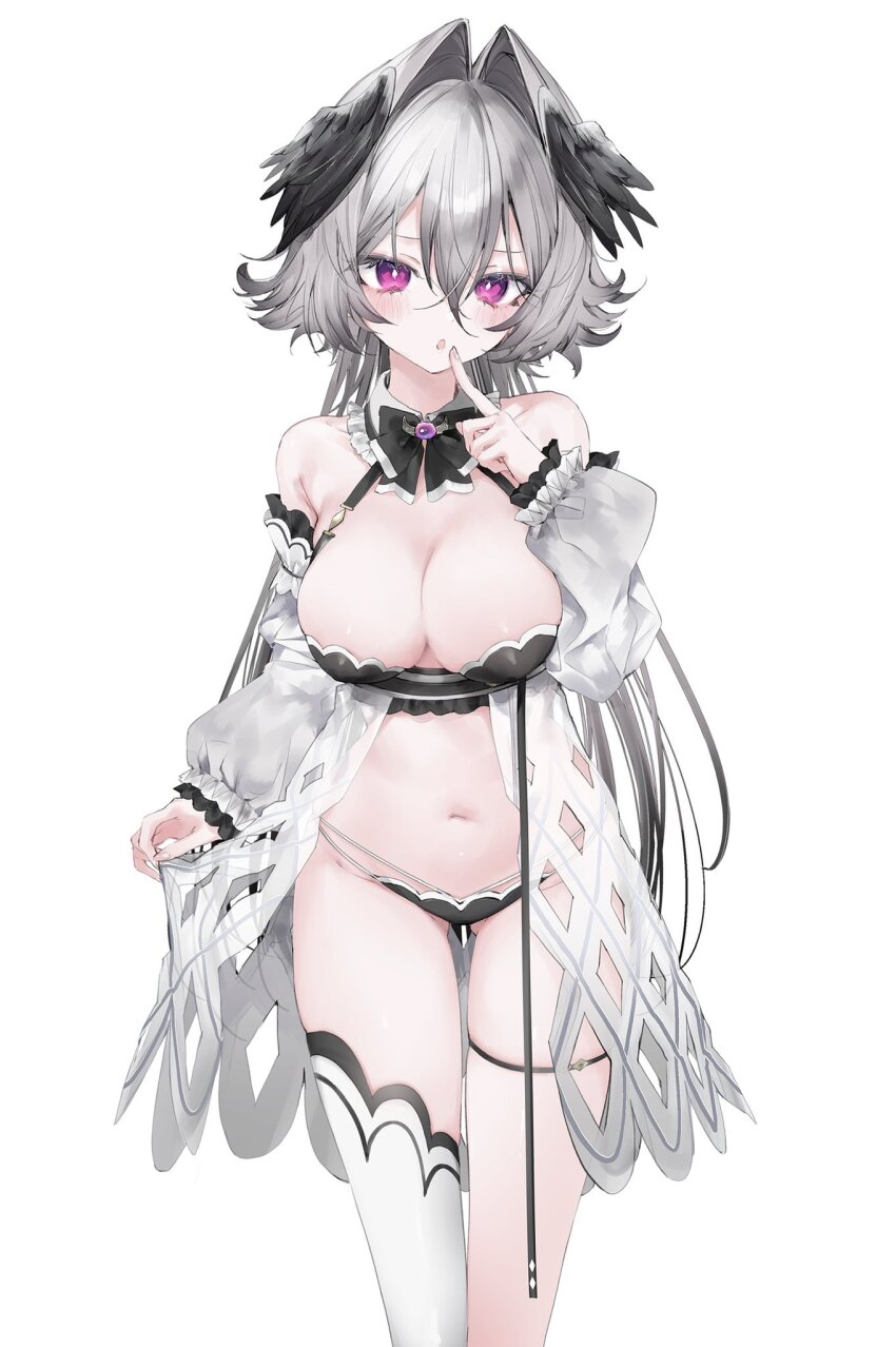 1girl artist_request bare_shoulders black_bra black_panties bra breasts detached_collar detached_sleeves finger_to_mouth grey_hair head_wings highres indie_virtual_youtuber large_breasts long_hair looking_at_viewer navel panties red_eyes richamu second-party_source simple_background single_thighhigh thigh_strap thighhighs underwear white_background wings