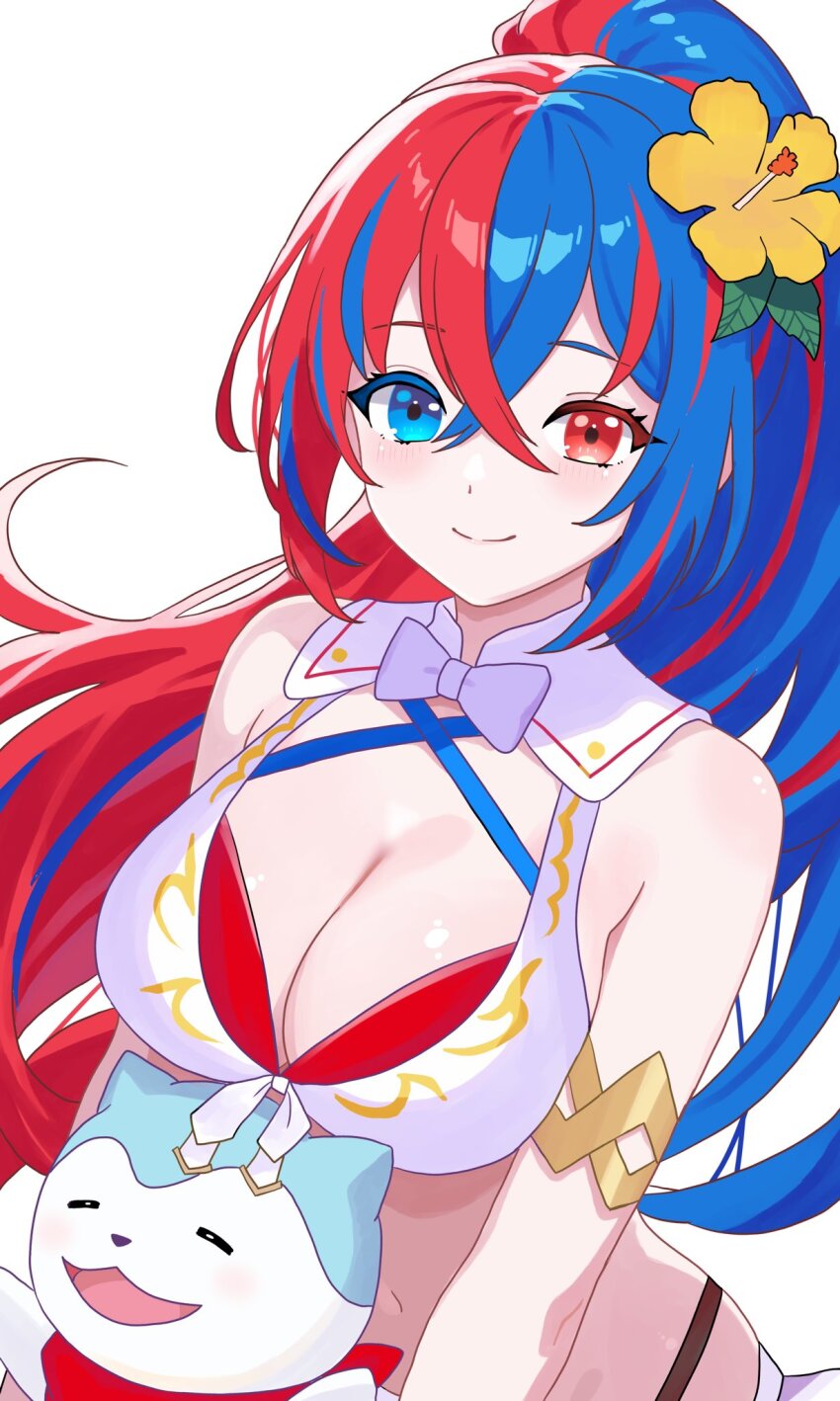 1girl female_alear_(fire_emblem) bikini blue_bikini blue_eyes blue_hair breasts cleavage crossed_bangs female_alear_(fire_emblem) female_alear_(seaside_dragon)_(fire_emblem) fire_emblem fire_emblem_engage fire_emblem_heroes heterochromia highres large_breasts long_hair multicolored_hair n_54 nintendo official_alternate_costume official_alternate_hairstyle ponytail red_bikini red_eyes red_hair sommie_(fire_emblem) split-color_hair swimsuit two-tone_hair very_long_hair white_bikini