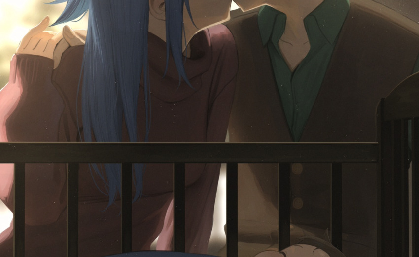 1boy 1girl aqua_(konosuba) blue_hair brown_sweater brown_vest collarbone collared_shirt couple green_shirt hand_up hetero izawa_(bhive003) kiss kono_subarashii_sekai_ni_shukufuku_wo! long_hair long_sleeves satou_kazuma shirt sleeves_past_wrists sweater vest