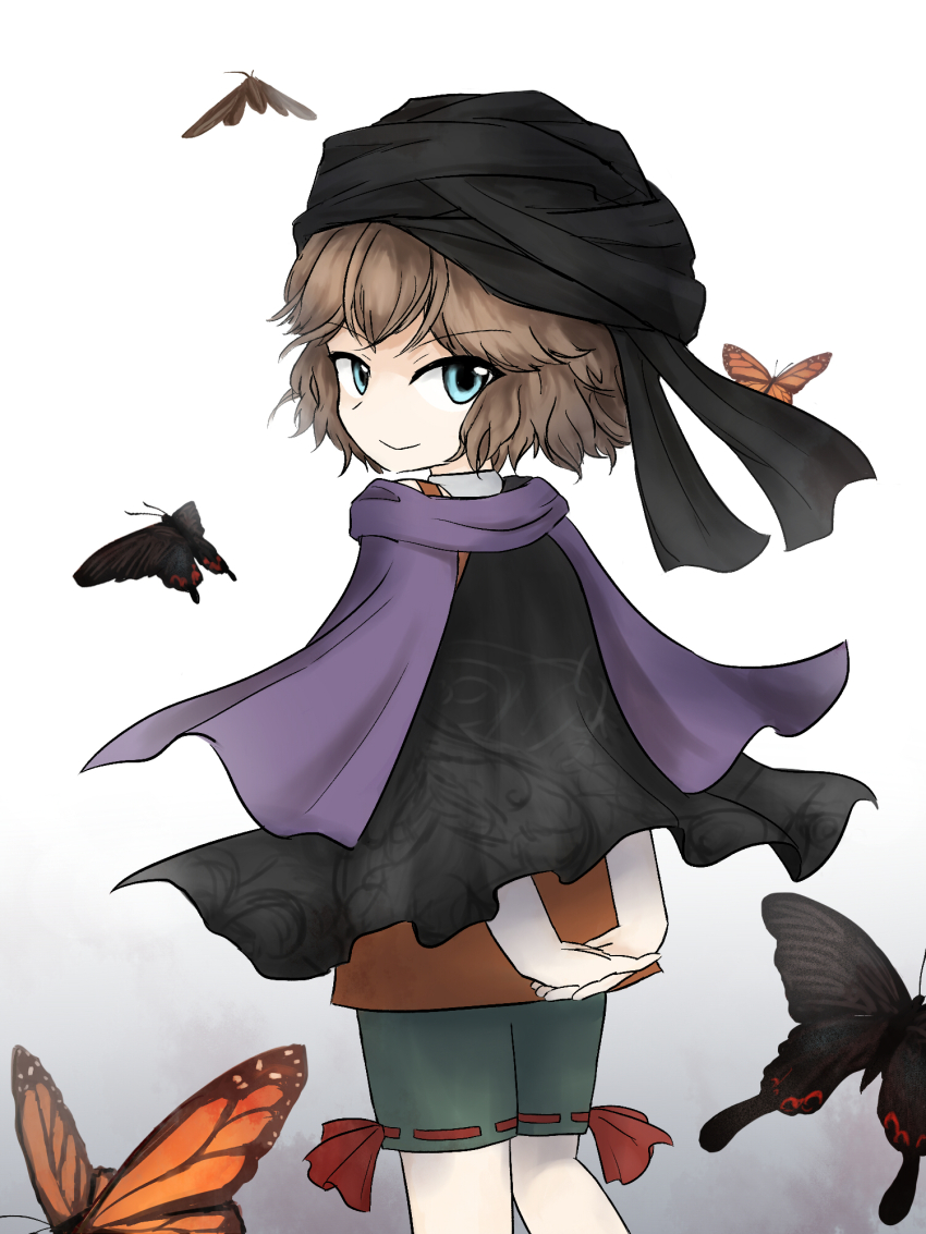 1other androgynous arms_behind_back bandana black_bandana black_butterfly black_cape blue_eyes brown_hair bug butterfly cape cine_hamal closed_mouth collared_shirt commentary_request cowboy_shot gradient_background green_shorts highres insect jacket kuroda_(kurota_ne) kuzu_suzumi len&#039;en looking_at_viewer looking_back monarch_butterfly orange_butterfly orange_jacket other_focus own_hands_together purple_scarf red_ribbon ribbon ribbon-trimmed_shorts ribbon_legwear ribbon_trim scarf shirt short_hair shorts simple_background sleeveless sleeveless_jacket smile solo turban white_background white_shirt