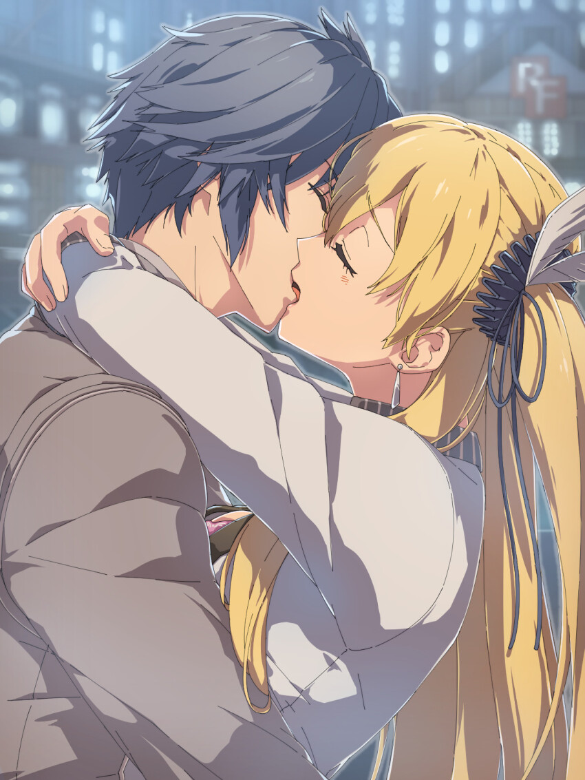 1boy 1girl alisa_reinford blonde_hair blue_hair blurry blurry_background chiharu_(9654784) closed_eyes coat commentary_request couple earrings eiyuu_densetsu grey_coat hetero highres hug jacket jewelry kai_no_kiseki kiss kuro_no_kiseki_(series) long_hair rean_schwarzer short_hair teardrop_earrings white_jacket