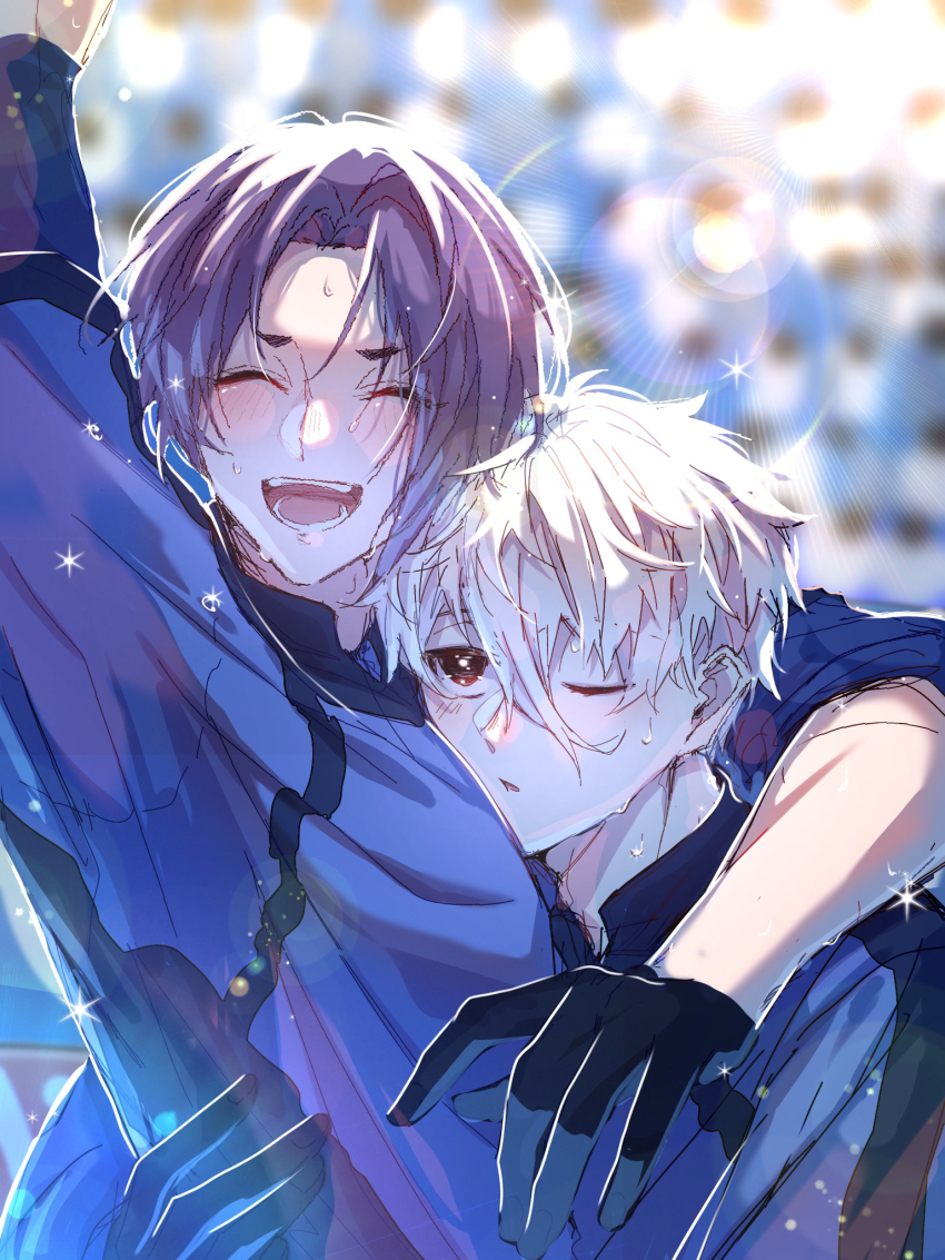 2boys black_eyes black_gloves blue_lock blurry blurry_background blush closed_eyes flare gloves hair_between_eyes highres male_focus mikage_reo multiple_boys nagi_seishirou one_eye_closed open_mouth purple_hair short_hair smile soccer_uniform sparkle sportswear upper_body white_hair yaoi yomogi_(user_rvdf7243)