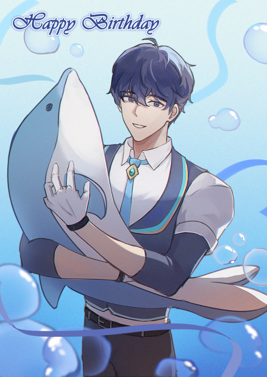1boy absurdres belt black_belt blue_eyes blue_hair blue_necktie brooch bubble cowboy_shot feiman_mo gloves happy_birthday highres holding holding_stuffed_toy jewelry k-pop looking_at_viewer male_focus necktie plave smile solo stuffed_animal stuffed_dolphin stuffed_toy white_gloves yejun_(plave)