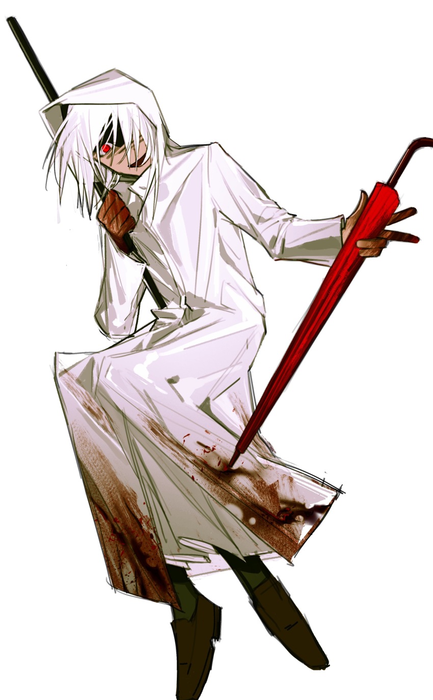 1girl absurdres baobing black_shoes blood blood_on_clothes blood_on_hands character_request check_character chinese_commentary coat commentary_request full_body heroine_(homicipher) highres holding holding_umbrella homicipher hood hood_up hooded_coat medium_hair open_mouth red_eyes shoes simple_background sitting smile solo umbrella white_background white_coat white_hair