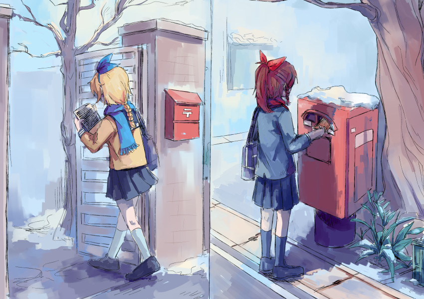 2girls bag bare_tree black_footwear black_skirt black_socks blonde_hair blue_ribbon blue_scarf braid brown_hair brown_jacket commentary_request grey_jacket haru_(yomawari) highres holding holding_letter jacket letter mailbox_(incoming_mail) multiple_girls outdoors postbox_(outgoing_mail) red_ribbon ribbon scarf school_bag school_uniform shin_yomawari skirt snow socks starjinxin tree white_socks winter yomawari yomawari_(series) yui_(yomawari)