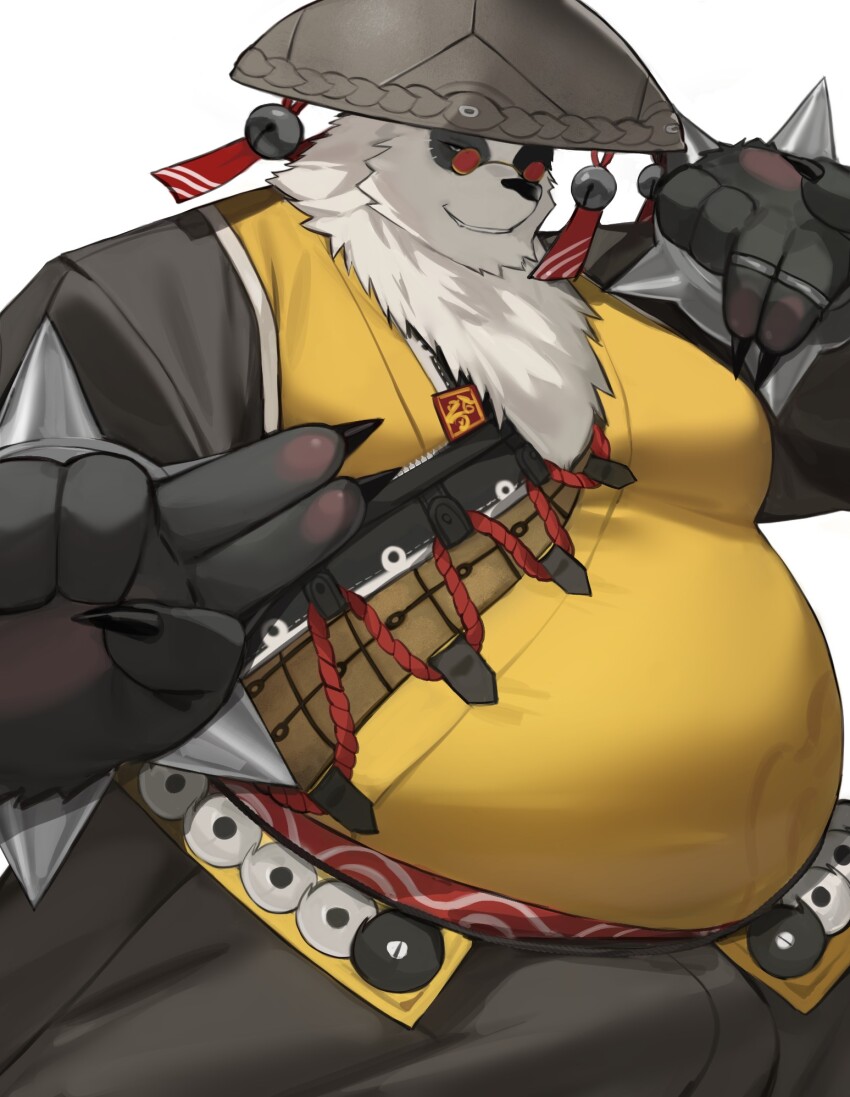 1boy animal_ears bara bell belly black_fur black_pants bracelet chinese_clothes claws commentary english_commentary fat fighting_stance furry furry_male grin highres jewelry jingle_bell khunowen kung_fu looking_at_viewer male_focus multicolored_fur pan_yinhu panda_boy panda_ears pants pawpads plump round_eyewear shirt smile spiked_bracelet spikes white_background white_fur wok yellow_shirt zenless_zone_zero