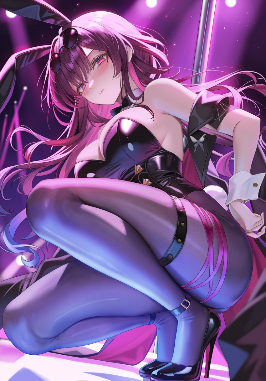 1girl absurdres alternate_costume animal_ears armpit_crease bare_shoulders black_bow black_bowtie black_leotard black_pantyhose black_shoes blush bow bowtie breasts cleavage closed_mouth collar commentary detached_collar eyewear_on_head fake_animal_ears fake_tail hair_between_eyes high_heels highres honkai:_star_rail honkai_(series) kafka_(honkai:_star_rail) koya_(koyacocoa) large_breasts legs leotard long_hair looking_at_viewer pantyhose patent_heels playboy_bunny pole pumps purple_eyes purple_hair rabbit_ears rabbit_tail red_soles revision round_eyewear shoes solo squatting stiletto_heels strapless strapless_leotard stripper_pole sunglasses sweatdrop tail thighs very_long_hair white_collar white_wrist_cuffs wrist_cuffs
