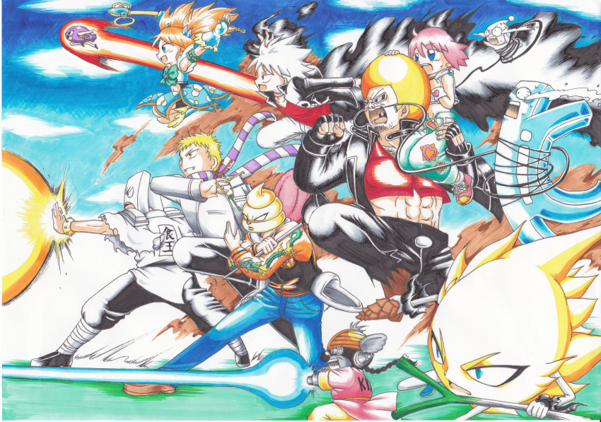 00s 3girls afro beauty_(bobobo-bo_bo-bobo) blonde_hair bobobo-bo_bo-bobo dengakuman don_patch epic gaoh general_lee_fishcake hatanko heppokomaru highres jelly_jiggler key multiple_girls pink_hair pokomi_(bobobo-bo_bo-bobo) softon_(bobobo-bo_bo-bobo) tagme tokoro_tennosuke torpedo_girl white_hair