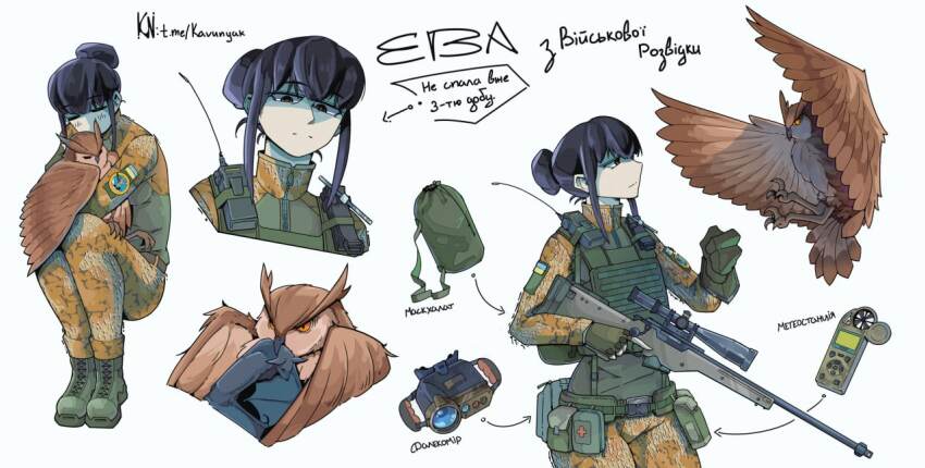 1girl ammunition_pouch animal animal_hug assault_rifle bird blush body_armor bulletproof_vest camouflage combat_helmet directorate_of_intelligence_(ukraine) eva_(kavunyak) funkiflame gloves gun hair_bun helmet holding holding_gun holding_weapon hug jacket long_sleeves looking_at_viewer military military_jacket military_operator military_uniform mouse_(animal) optical_sight original owl pet pouch rifle russo-ukrainian_war scope short_hair soldier tired_eyes translated trigger_discipline ukrainian_text walkie-talkie weapon white_background