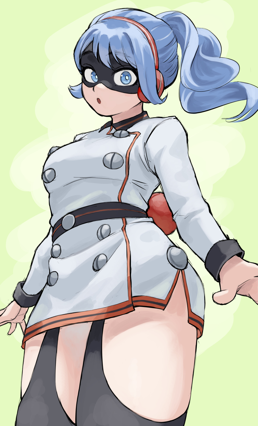 1girl :o absurdres alternate_costume alternate_hairstyle black_mask black_thighhighs blue_eyes blue_hair boku_no_hero_academia burnin_(boku_no_hero_academia) burnin_(boku_no_hero_academia)_(cosplay) cosplay domino_mask dress eye_mask eyebrows_visible_through_mask fengling_(furin-jp) fire_extinguisher hado_nejire highres mask open_mouth ponytail solo studded thighhighs white_dress