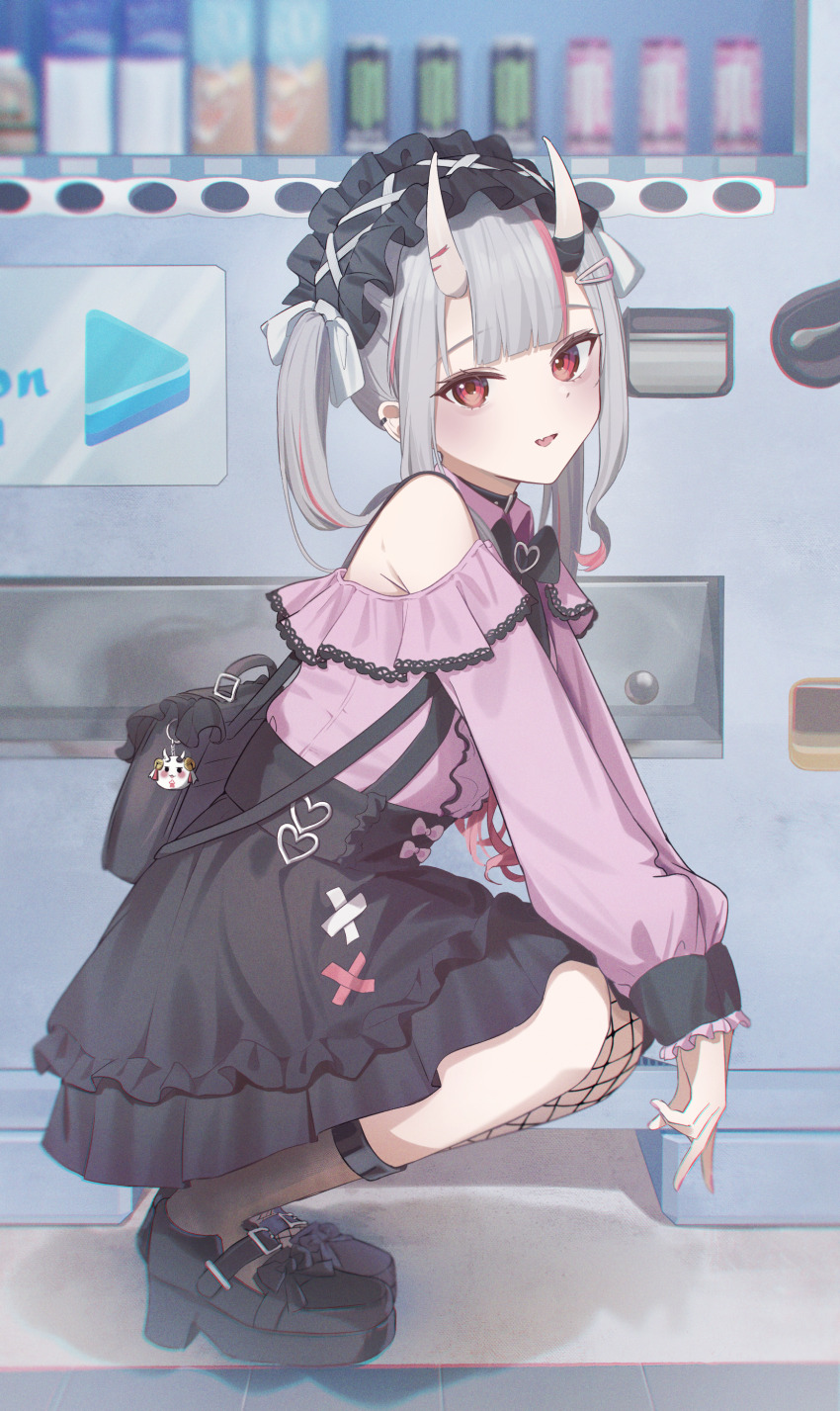1girl :d absurdres alternate_costume alternate_hairstyle asymmetrical_legwear black_bag black_bow black_bowtie black_choker black_headdress black_shoes black_skirt black_socks bow bowtie center-flap_bangs center_frills choker clothing_cutout collared_shirt commentary_request fishnet_thighhighs fishnets frilled_shirt frills full_body grey_background grey_hair hair_between_horns hair_ornament hairclip high-waist_skirt highres hololive horns jirai_kei lace lace-trimmed_shirt lace_trim long_hair long_sleeves looking_at_viewer moonlightlight multicolored_hair nakiri_ayame oni open_mouth outdoors pink_shirt platform_heels poyoyo_(nakiri_ayame) red_eyes red_hair shirt shirt_tucked_in shoes shoulder_cutout sidelocks single_sock skin-covered_horns skirt sleeves_past_wrists smile socks solo squatting streaked_hair suspender_skirt suspenders thighhighs twintails uneven_legwear vending_machine virtual_youtuber