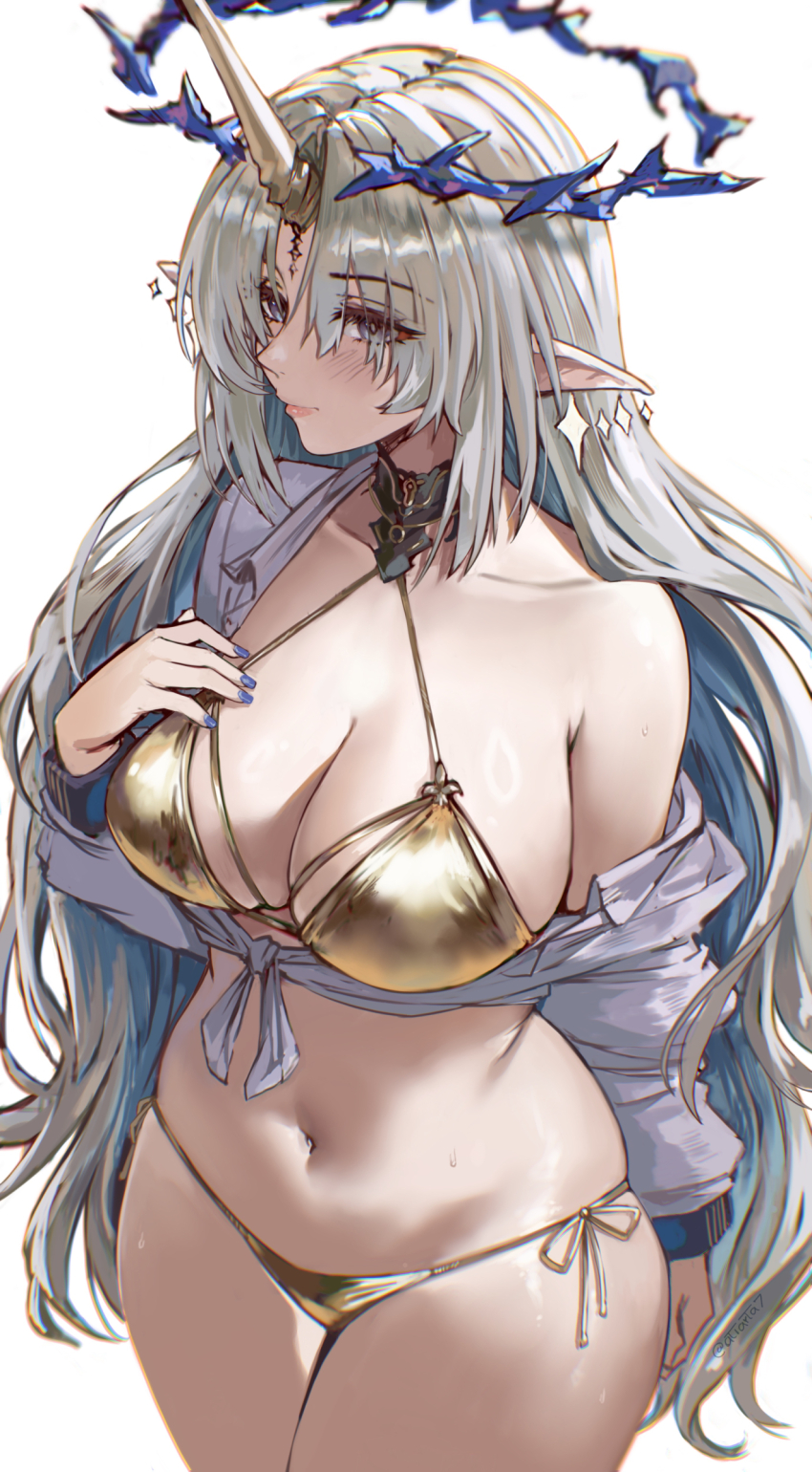 1girl atiarta7 bikini blonde_hair blue_eyes blue_hair blue_nails breasts chromatic_aberration cleavage closed_mouth colored_inner_hair commentary cowboy_shot earrings fingernails fleurdelys_(wuthering_waves) floating_earrings gold_bikini hand_on_own_chest hand_up highres horns jewelry large_breasts light_blush long_hair long_horns multicolored_hair nail_polish navel parted_bangs pointy_ears shirt side-tie_bikini_bottom sidelocks simple_background single_bare_shoulder single_horn single_off_shoulder solo stomach swimsuit tacet_mark_(wuthering_waves) thighs tied_shirt twitter_username very_long_hair wet white_background white_shirt wuthering_waves yellow_horns