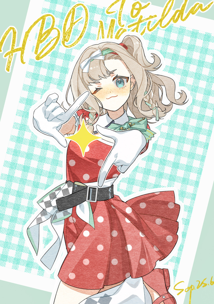1girl ;3 aqua_background aqua_bow aqua_bowtie aqua_hairband belt black_belt blue_eyes bow bowtie character_name cowboy_shot dated dress finger_frame freckles gloves grey_hair hairband happy_birthday highres leg_up leg_warmers looking_at_viewer matilda_bouanich matilda_bouanich_(the_great_taste_investigator) official_alternate_costume one_eye_closed one_side_up outstretched_arms plaid_background polka_dot polka_dot_dress red_shoes reverse:1999 shoes short_dress solo sop_(sopdraws) sparkle white_gloves white_leg_warmers
