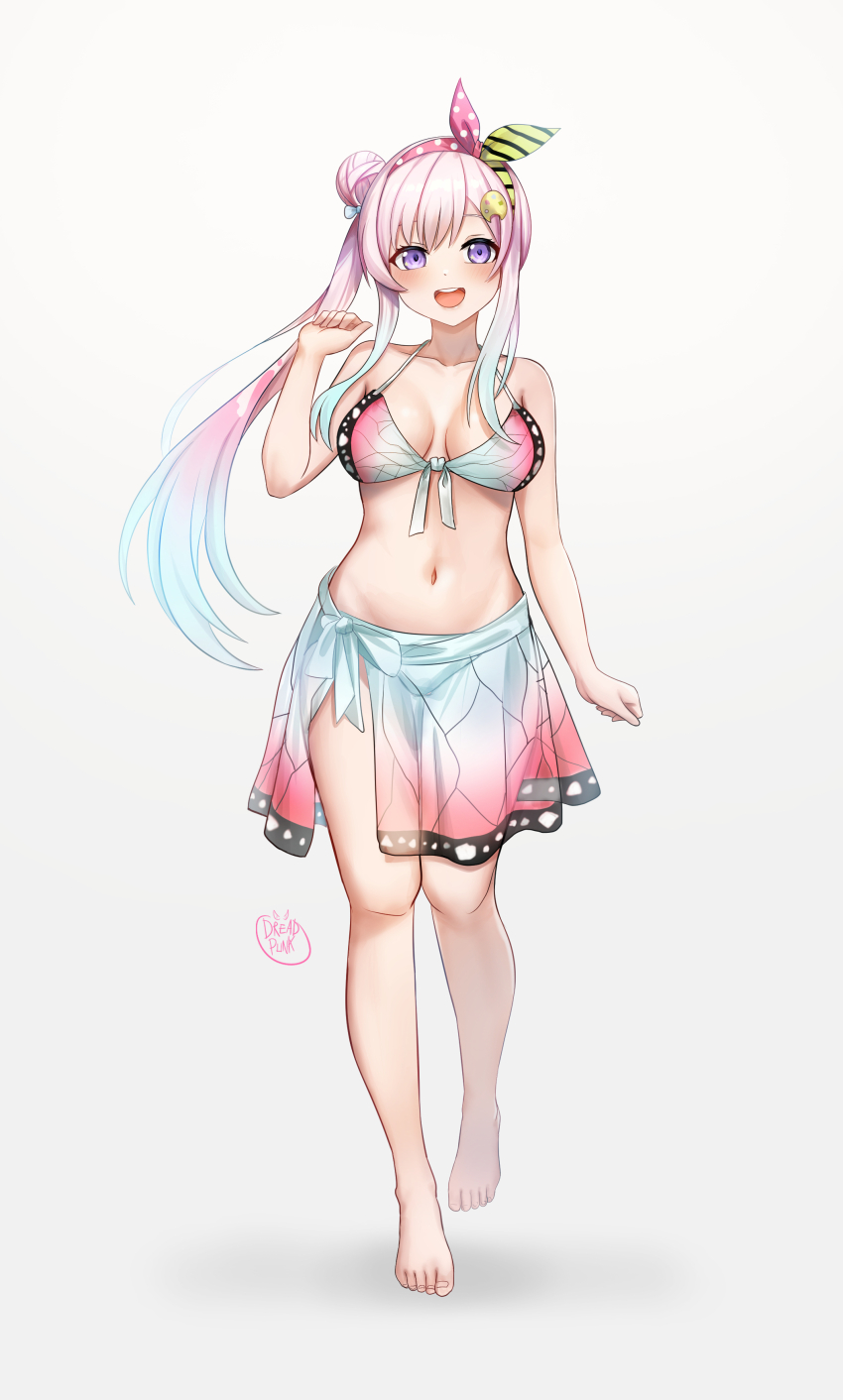1girl :d absurdres airani_iofifteen alternate_costume barefoot bikini blue_hair bow_hairband breasts cleavage commentary commission dreadpunk english_commentary feet full_body gradient_hair green_hairband hair_bun hairband halterneck hand_up highres hololive hololive_indonesia large_breasts long_hair long_sidelocks looking_at_viewer multicolored_hair navel open_mouth palette_hair_ornament pink_bikini pink_hair pink_hairband print_bikini print_sarong purple_eyes sarong side_ponytail side_up_bun sidelocks simple_background single_hair_bun smile solo standing stomach straight-on swimsuit teeth two-tone_hairband upper_teeth_only vgen_commission virtual_youtuber white_background