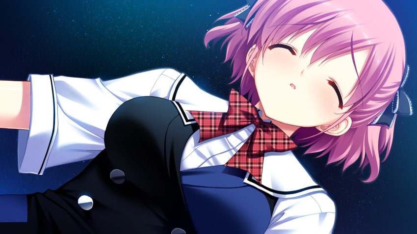 1girl black_bow black_dress blue_dress bow bowtie breasts buttons closed_eyes double-breasted dress facing_viewer frilled_bow frills fumio_(ura_fmo) game_cg grisaia_(series) grisaia_no_kajitsu hair_bow highres komine_sachi light_particles medium_breasts non-web_source open_mouth pink_hair plaid_bow plaid_bowtie plaid_clothes red_bow red_bowtie sailor_collar school_uniform shirt short_hair short_sleeves solo two-tone_dress two_side_up upper_body variant_set white_sailor_collar white_shirt