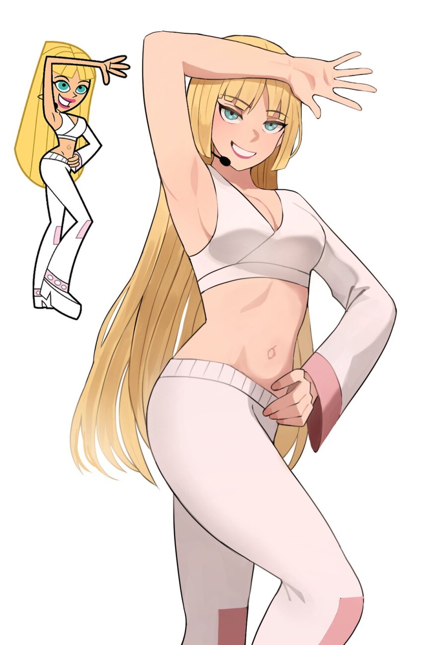 aqua_eyes armpits blonde_hair britney_britney_(the_fairly_oddparents) crop_top highres jourd4n long_hair midriff navel pants red_lips single_sleeve smile the_fairly_oddparents white_pants