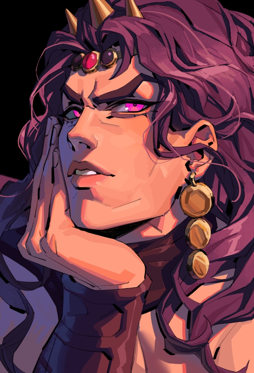 1boy battle_tendency black_background bracer commentary earrings english_commentary haddockkkk hand_on_own_face head_rest highres horns jewelry jojo_no_kimyou_na_bouken kars_(jojo) long_hair looking_at_viewer male_focus parted_lips pink_eyes portrait purple_hair solo wavy_hair